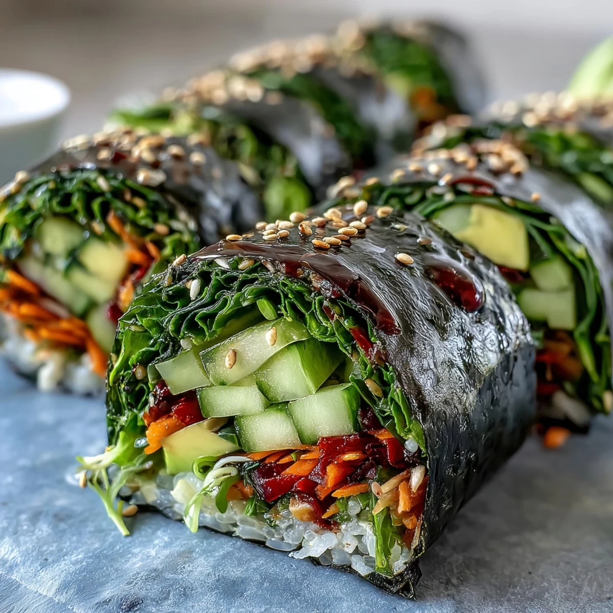 Frische Nori Rolls mit knackigem Gemüse, cremigem Avocado und Sprösslingen auf einem Teller serviert.