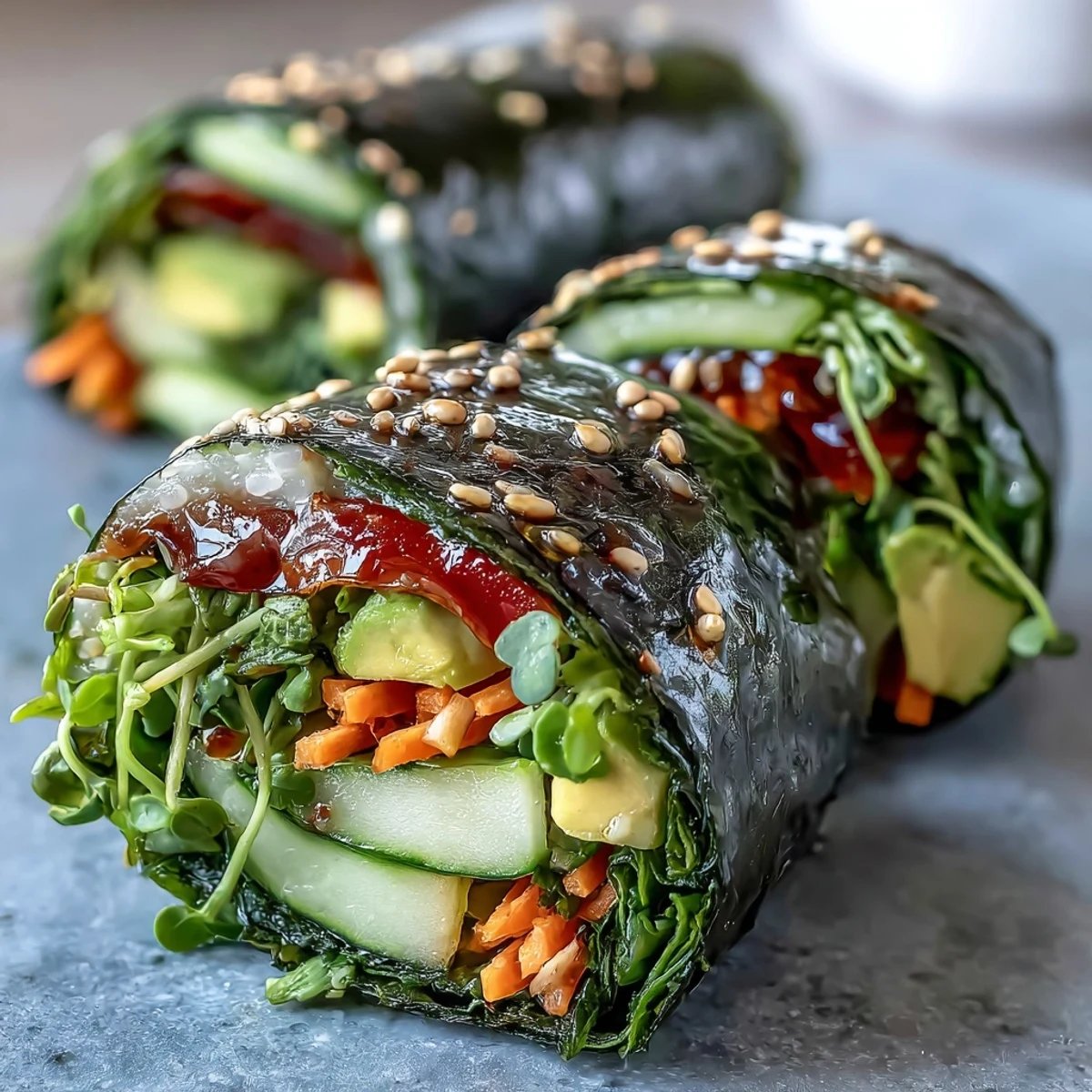 Grüne Nori Rolls mit bunten Gemüsestreifen, Sesam und einer Dip-Schale aus Sojasoße.