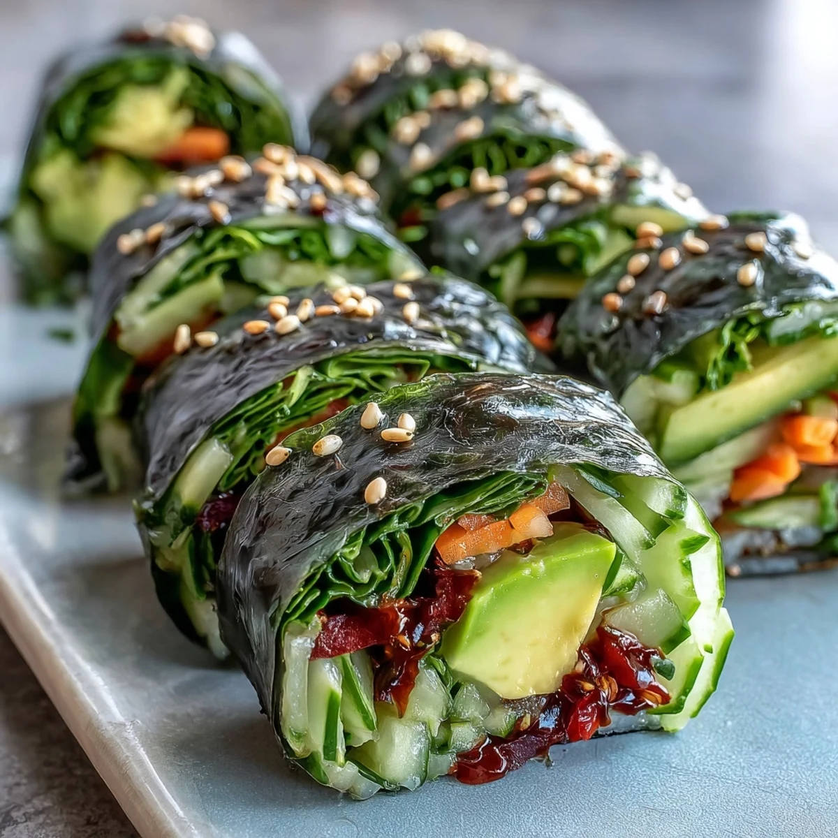DIY Nori Rolls mit frischem Gemüse auf einem hellen Holztisch für einen gesunden Snack.