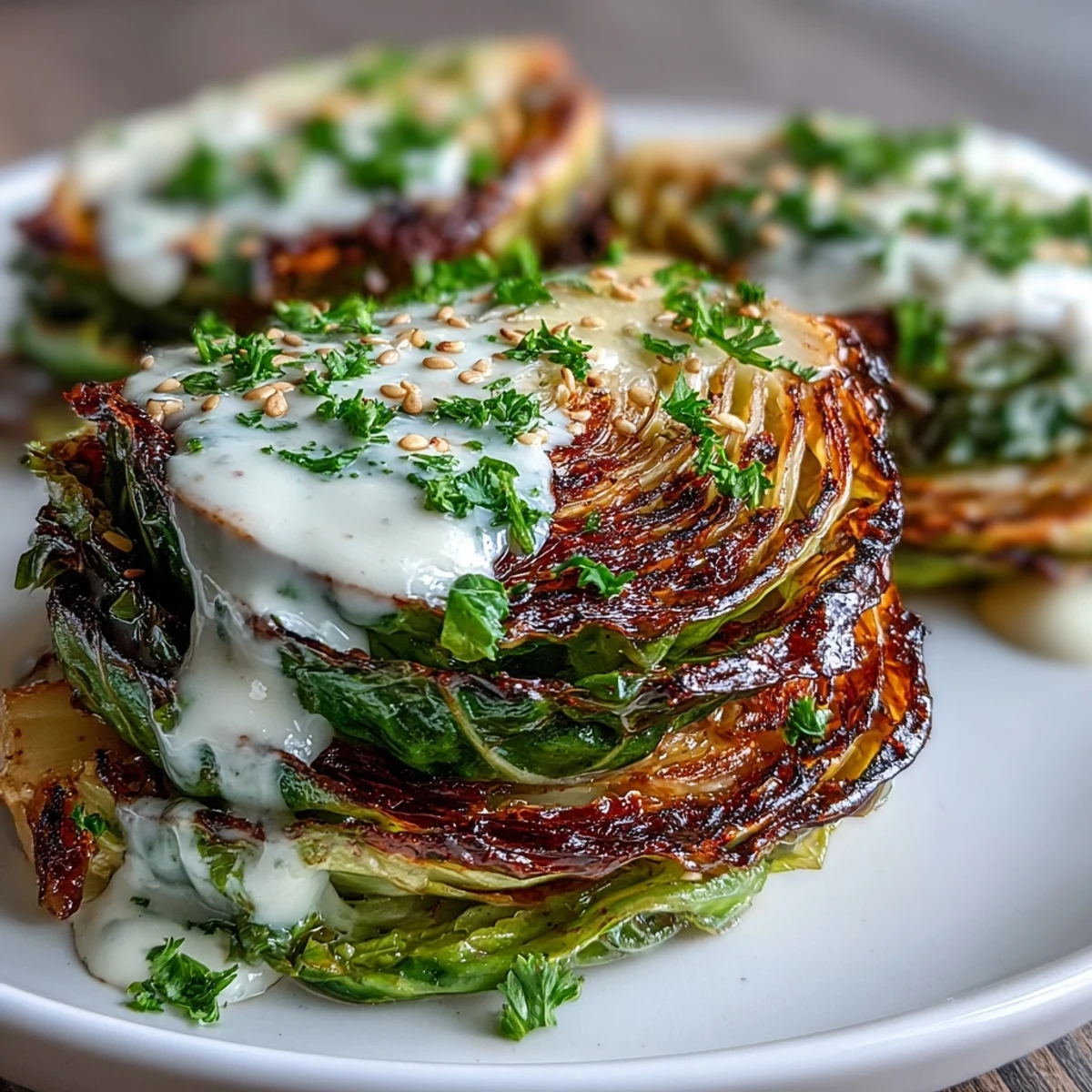 Goldene, karamellisierte Roasted Cabbage Steaks auf einem braunen Holztisch, verziert mit cremiger Tahini-Soße.