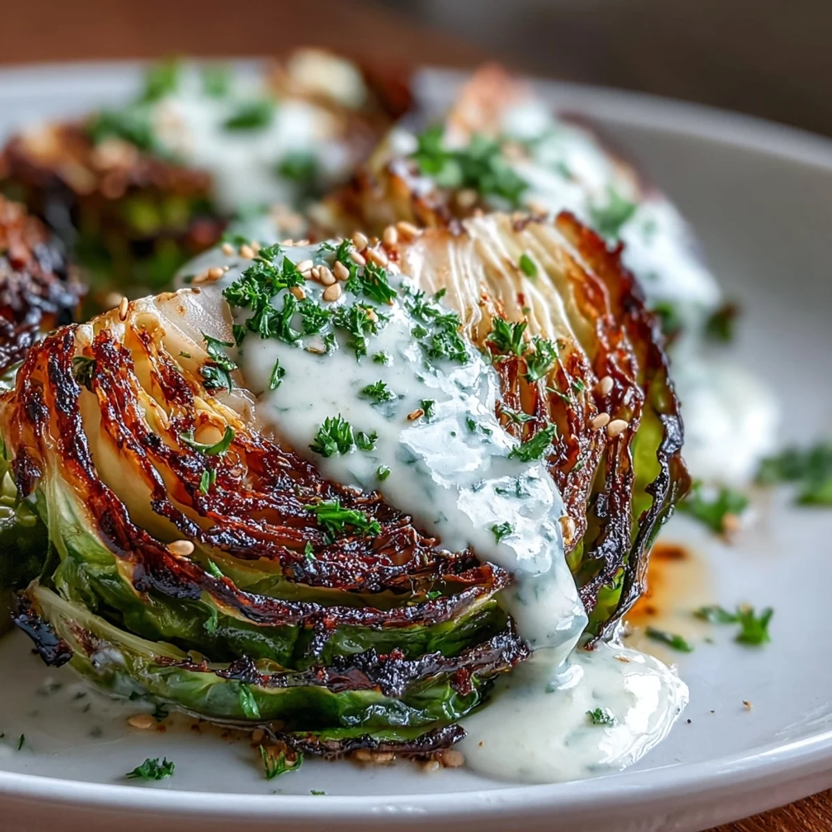 Köstliche Roasted Cabbage Steaks im Ofen gebacken, übergossen mit würziger Tahini-Soße und frischer Petersilie.