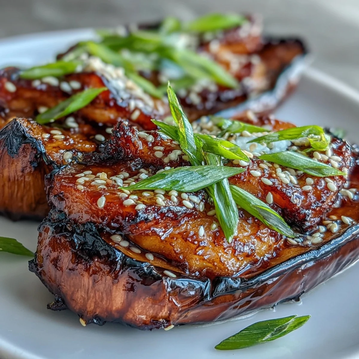 Goldbraun gebratene Miso Glazed Eggplant auf einem Teller, übergossen mit einer glänzenden Würzsauce.