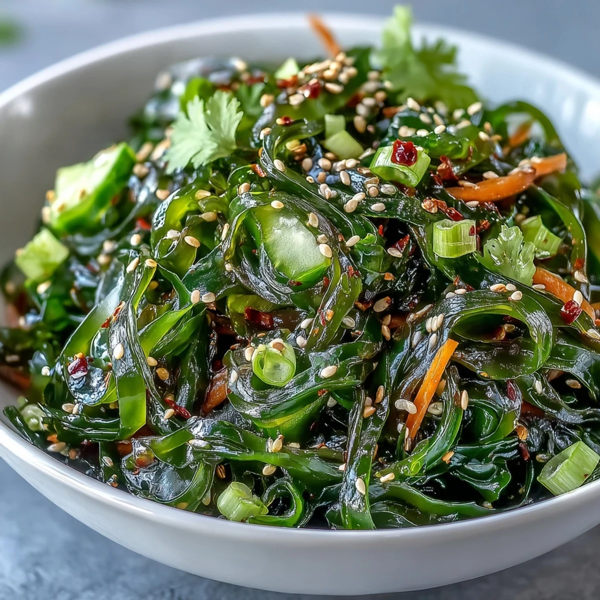 Farbenfrohes Seaweed Salad mit Sesam und Koriander garniert, perfekt als glutenfreie japanische Beilage serviert.