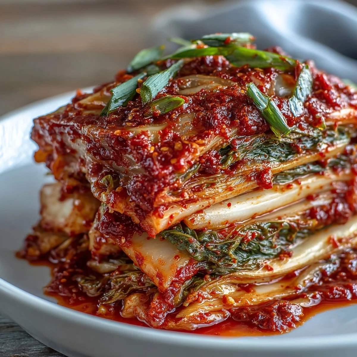Mundwasserndes Kimchi in einer Schüssel mit roten Chiliflocken und grünen Frühlingszwiebeln für koreanische Gerichte