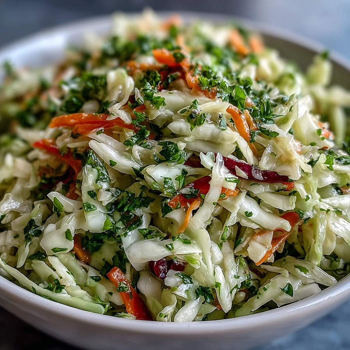 Sauerkraut-Krautsalat mit knackigem Gemüse und würzigem Dressing serviert.