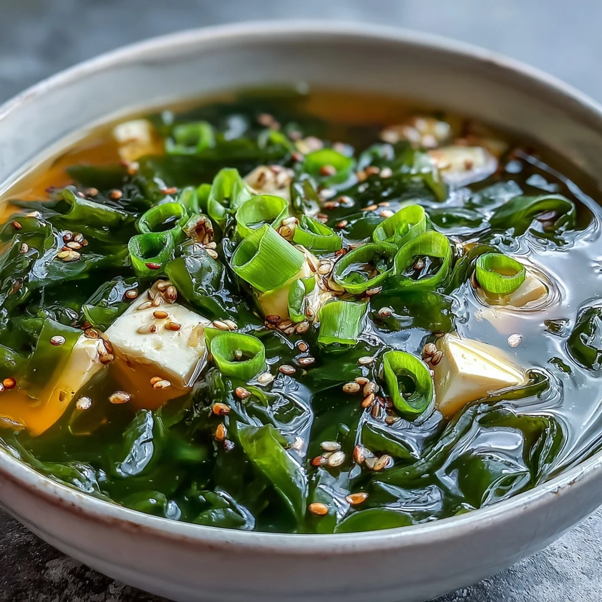 Heiße Wakame Suppe mit weichem Tofu und frischen Frühlingszwiebeln auf einer Holzplatte serviert.