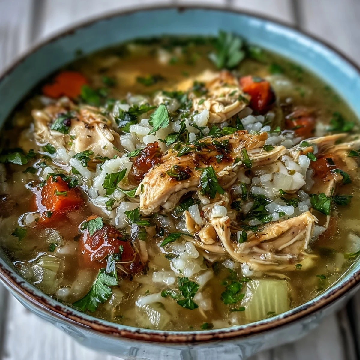 Gemacht mit frisch gehackter Petersilie und einem Hauch Zitrone, dieses Cozy Winter Chicken and Rice Soup dampft in einer Schüssel.