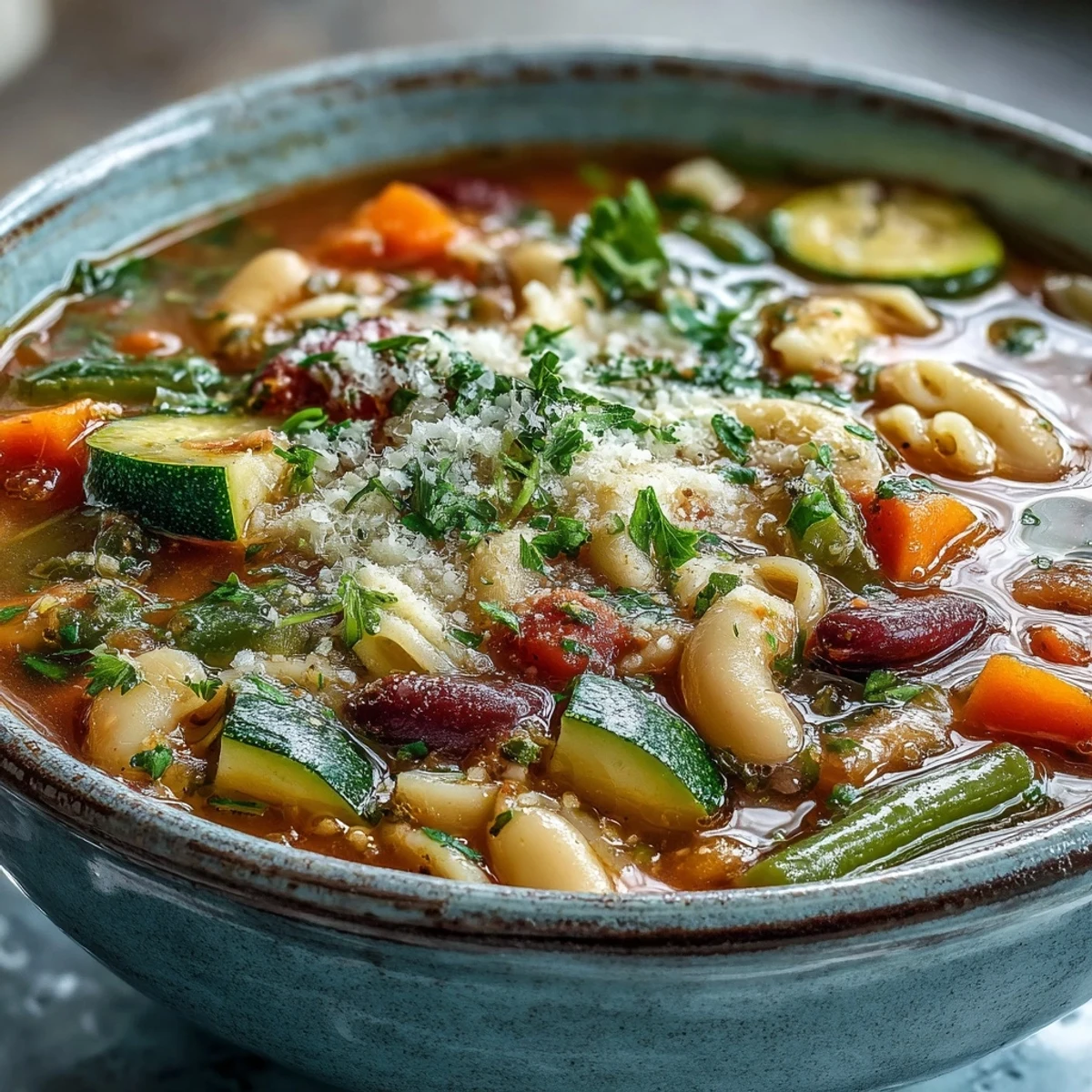 Wärmende Vegetable Minestrone Variations in einer Schüssel mit frischem Parmesan und Petersilie.