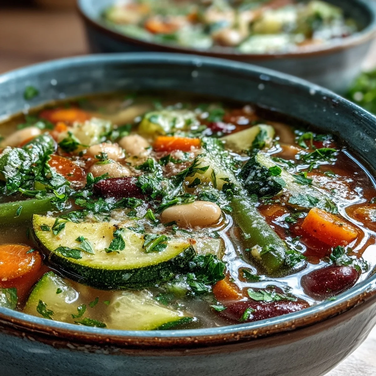 Herbstliche Vegetable Minestrone Variations mit Kürbis, Bohnen und nudeliger Pasta, serviert mit Brot.