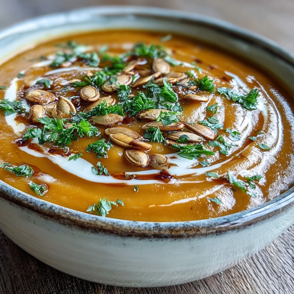 Glätte Pumpkin Soup mit Rahm beträufelt und Kürbiskernen, serviert in einer stilvollen Schüssel.