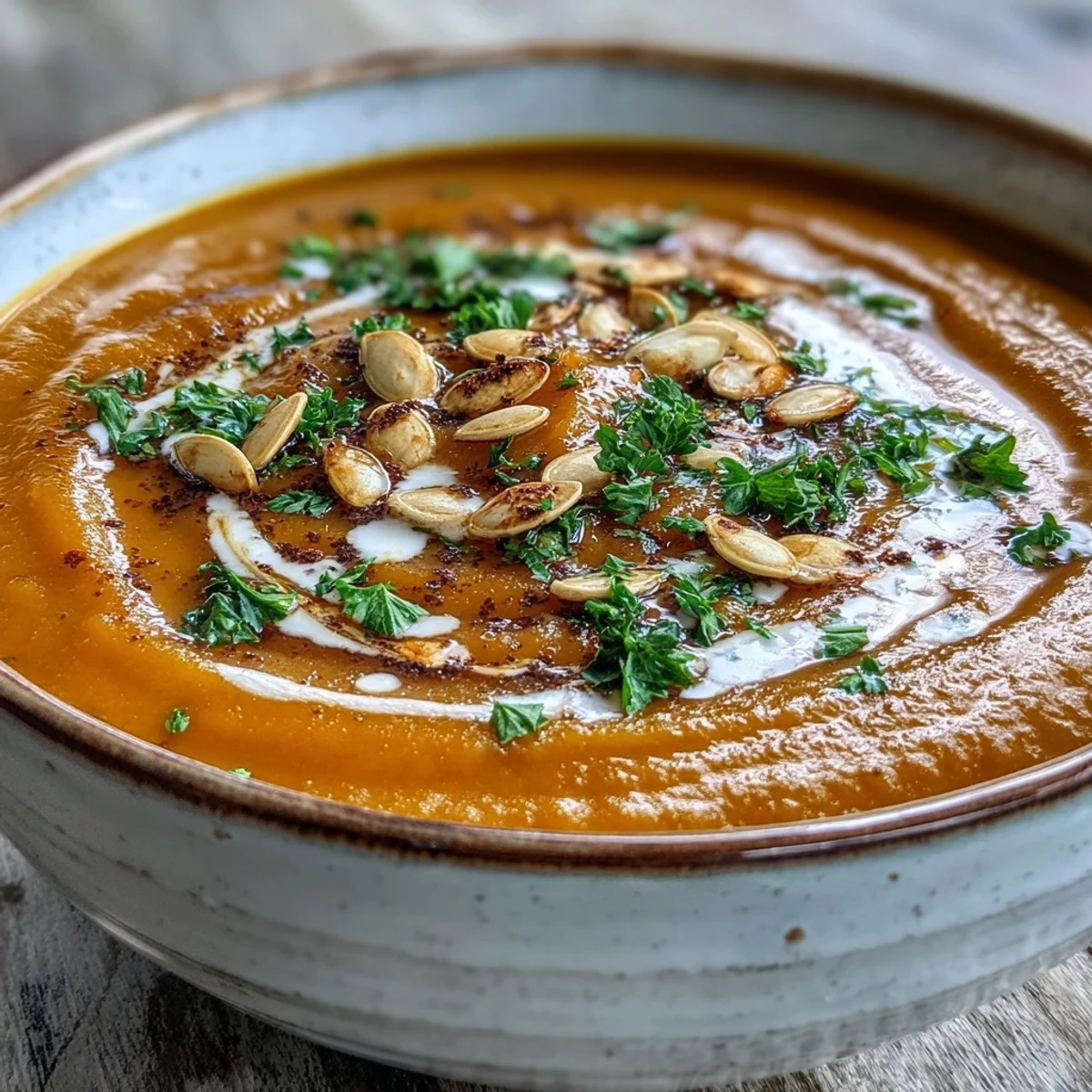 Warme Pumpkin Soup mit Cumin und Zimt, garniert mit frischen Kräutern und Sahnetropfen.