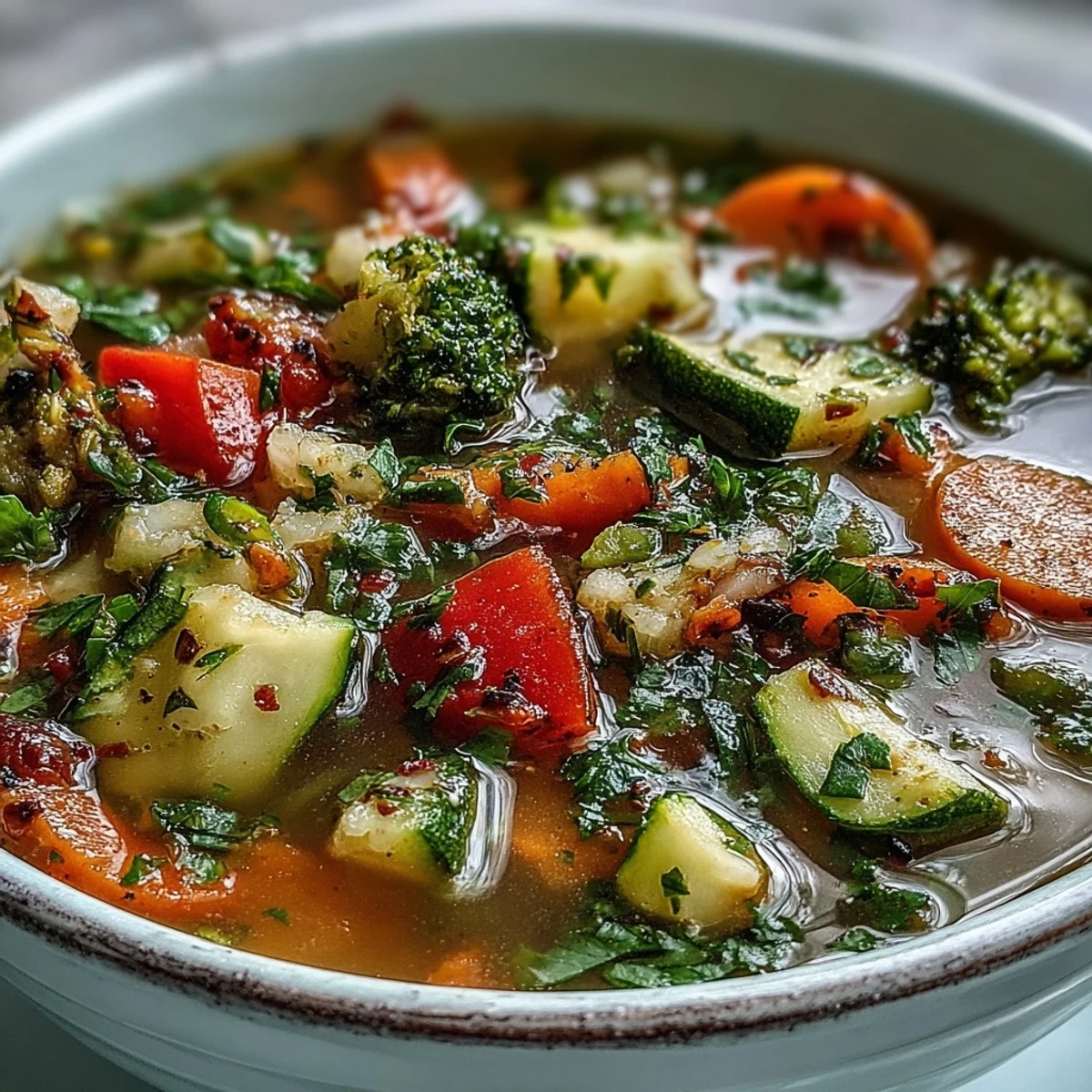 Gemüsereiche Ginger Vegetable Soup mit Zucchini und Paprika, serviert mit knusprigem Brot.