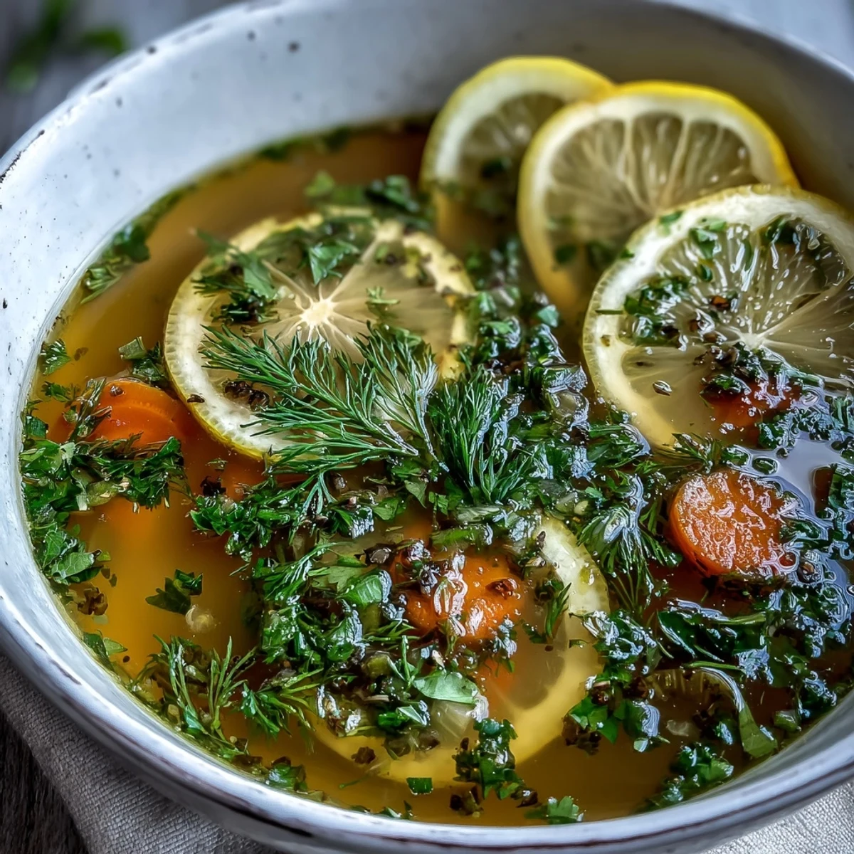 Dampfender Topf mit frischer Zitronen-Kräutersuppe, serviert in einer weißen Schüssel mit gehacktem Dill.