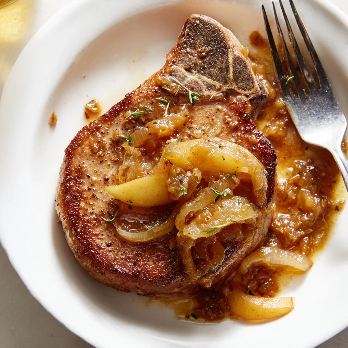 Saftige Schweinekoteletts mit fruchtiger Apfel-Senf-Sauce auf einem Teller serviert.  