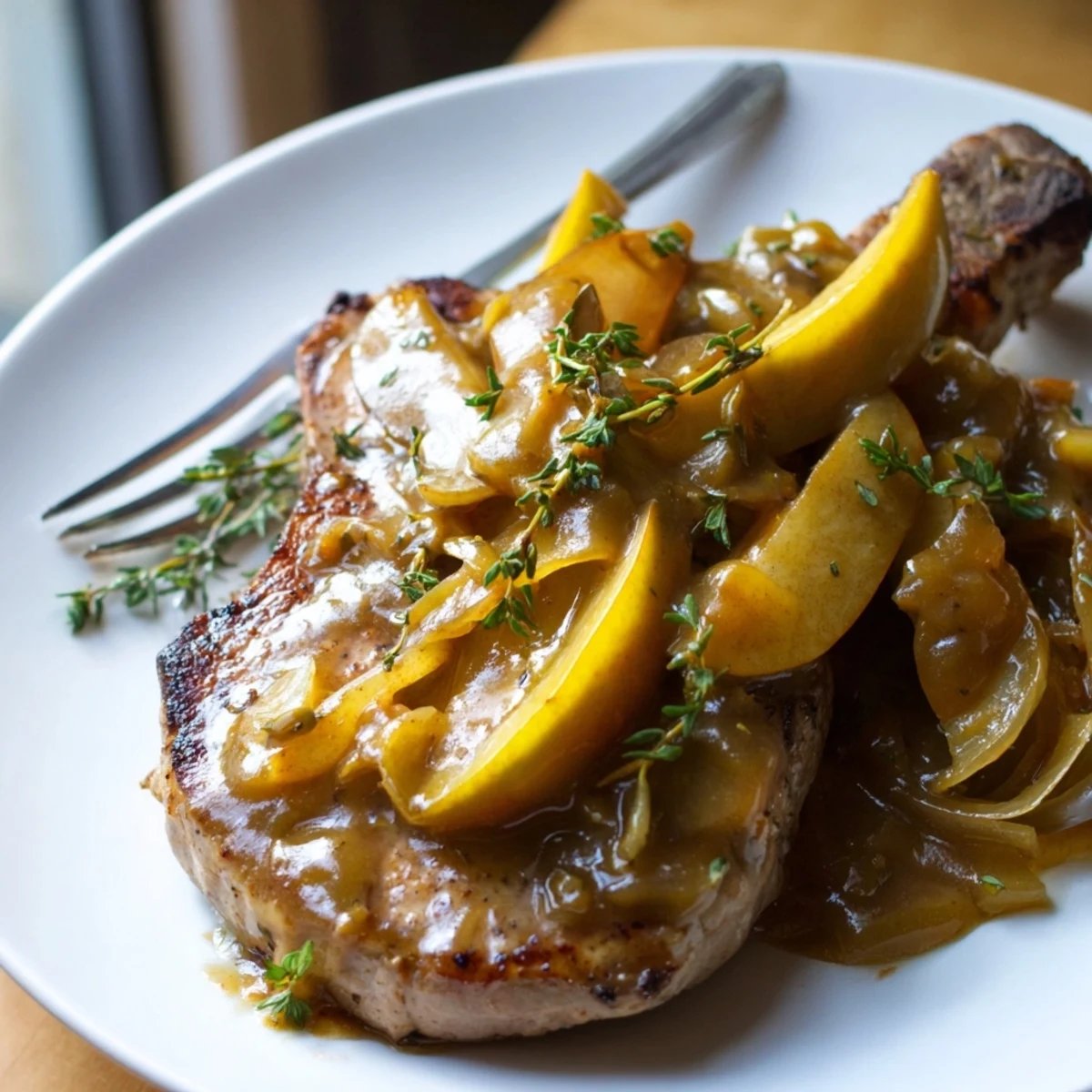 Herzhafte Schweinekoteletts mit würziger Apfel-Senf-Sauce für ein perfektes Abendessen.