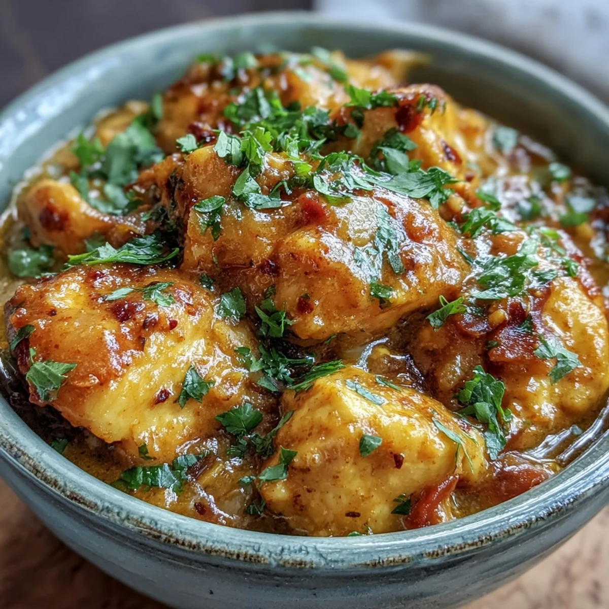 Cremiges Easy Chicken Curry mit hausgemachten Gewürzen, serviert auf hellem Reis und garniert mit frischem Koriander.