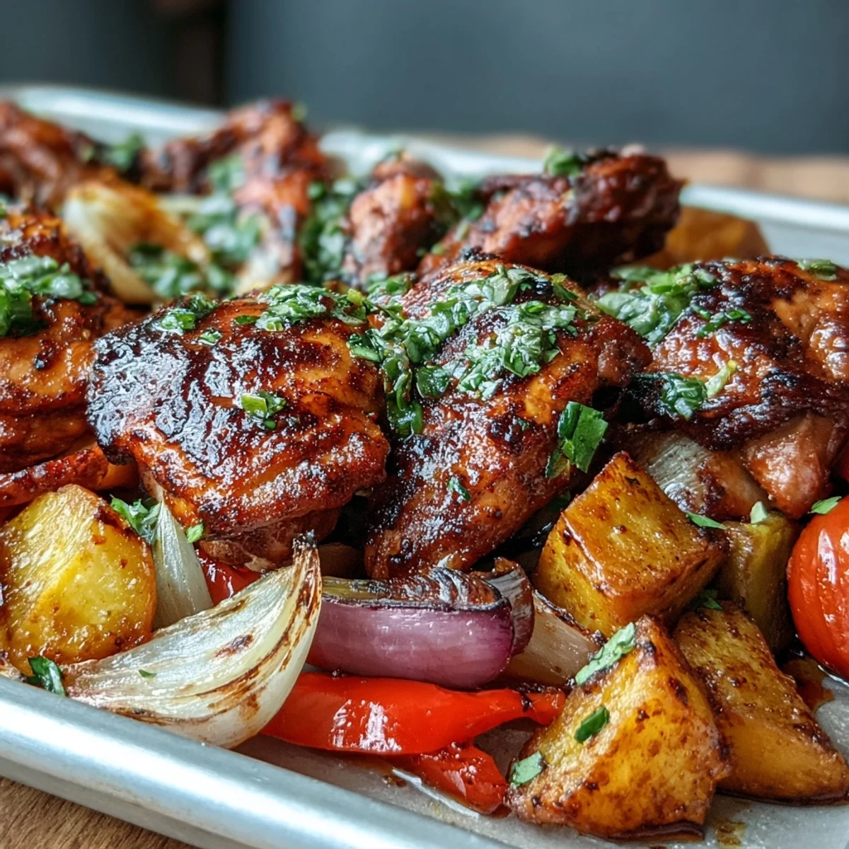 Scharfe Piri-Piri Chicken and Sweet Potato Traybake auf einem Ofenblech mit knusprigen Hähnchenschenkeln und bunten Paprikastücken.