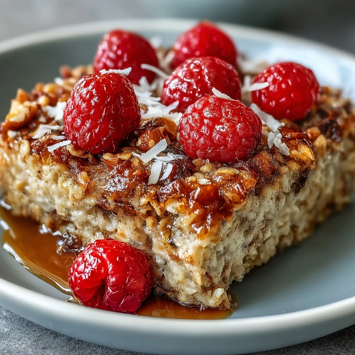 Ein leicht gebackenes Haferflocken-Frühstück mit saftigen Himbeeren und geröstetem Kokos auf einer gemütlichen Backplatte.