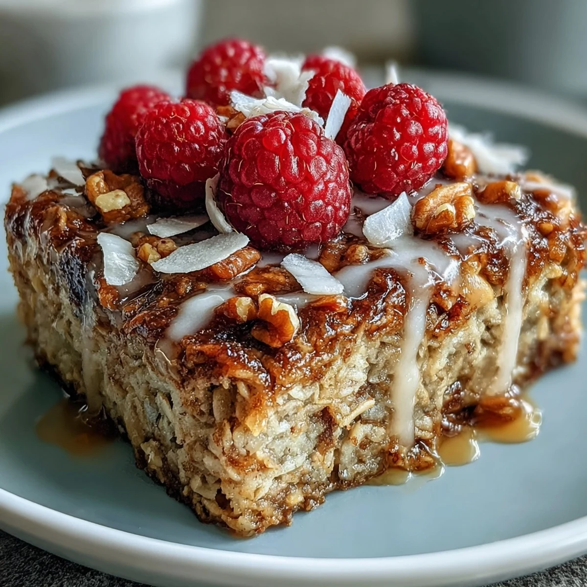 Goldenes, vegetarisches Haferflocken-Gericht mit leuchtend roten Himbeeren und knusprigem Kokos für ein perfektes Frühstück.