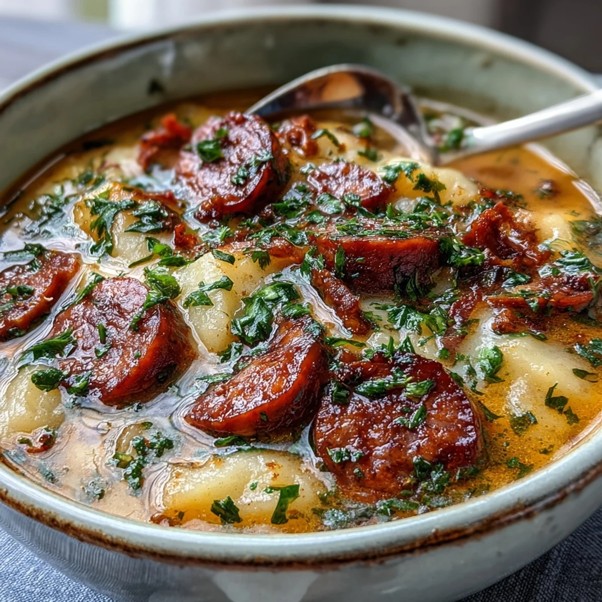 Potato, Leek and Chorizo Soup mit frisch gehackter Petersilie und rustikalem Brot, serviert in einer Schüssel.