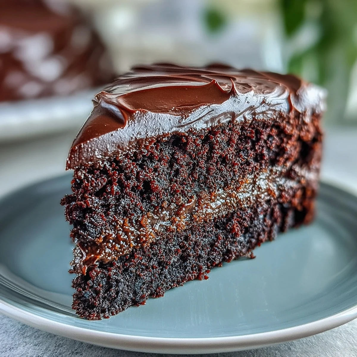 Super-squidgy Easy Chocolate Fudge Cake with silky chocolate icing, served on a wooden board for a decadent treat.