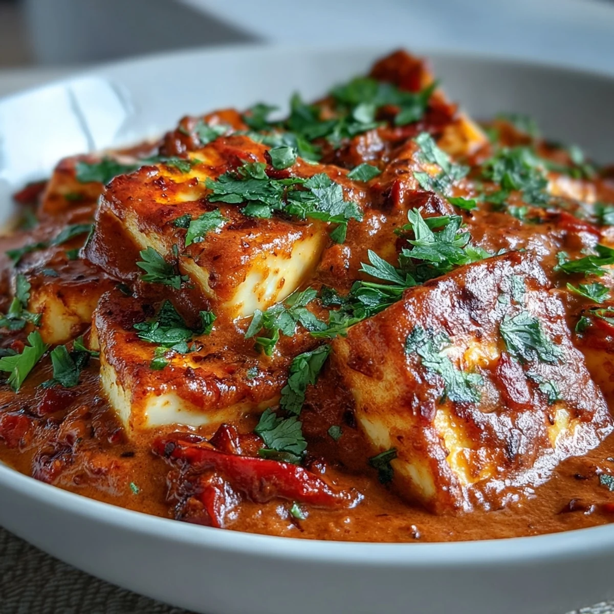 Sizzling halloumi cheese simmered in a rich coconut tomato sauce, finished with lemon wedges.