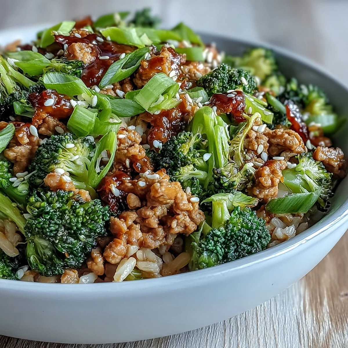 Diese Sweet and Spicy Turkey Broccoli Bowls leuchten frisch angerichtet auf dem Tisch mit glasigem Sauce-Glanz.