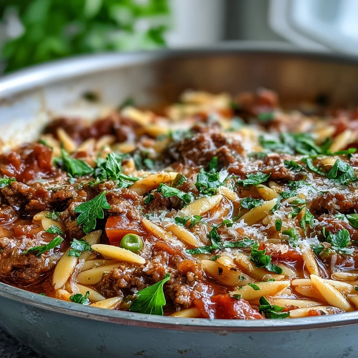 Bubelnder Bodensatz Rindfleisch Orzo Abendessen in einer Bratpfanne, reichhaltig mit Tomatenbrühe und geschmolzenem Parmesan serviert.