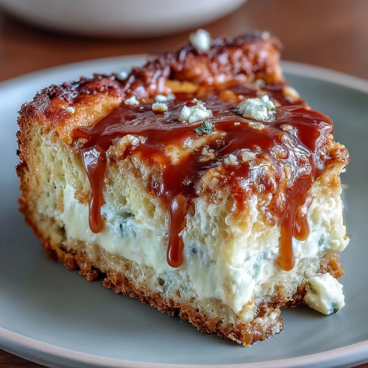 Karamell-Frischkäse-Brot: Goldbraune Scheiben mit cremigem Kern und süßer Karamellnote auf hölzerner Arbeitsplatte.