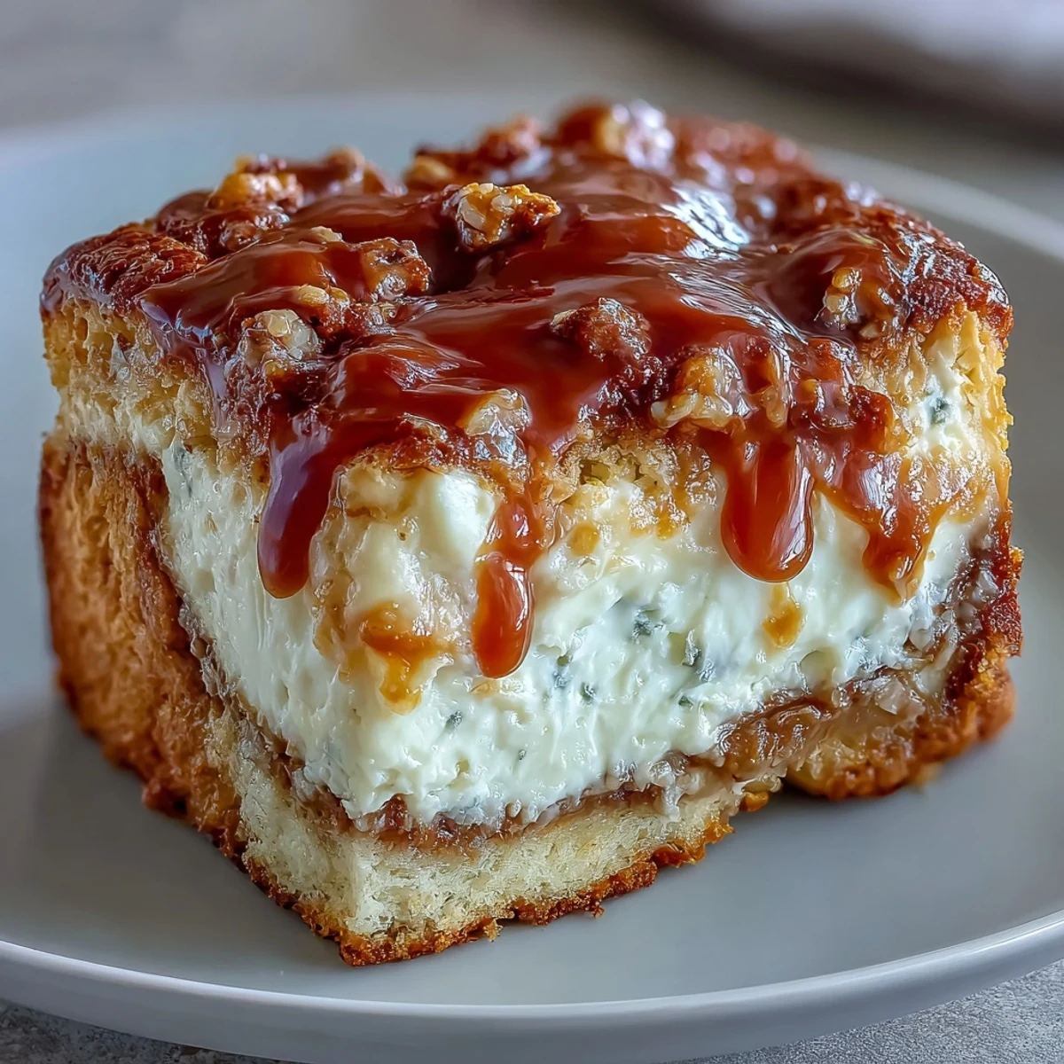 Saftiges Caramel Cream Cheese Bread, als Dessert oder Frühstück mit extra Karamellsauce beträufelt.
