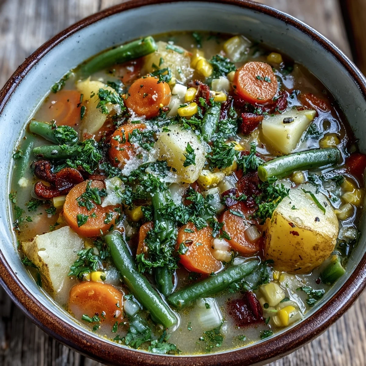A ladle of Amish Snow Day Soup pours from a pot into a cozy bowl.