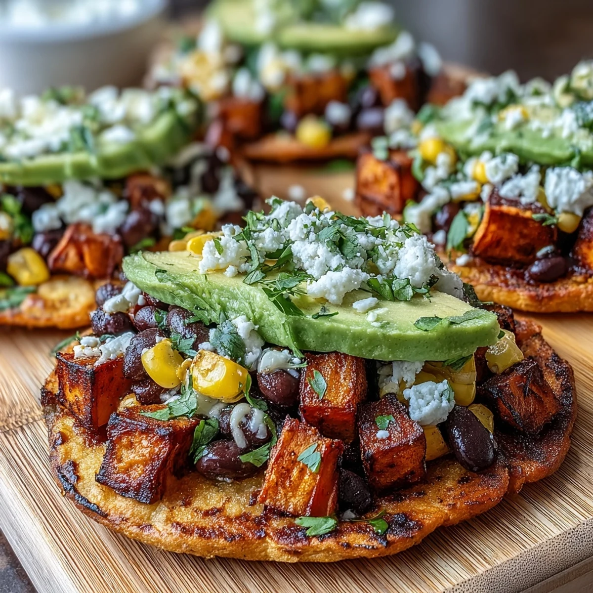 Knusprige Tostadas mit schwarzen Bohnen und Süßkartoffel, geröstet mit Rauchpaprika und Kreuzkümmel, fertig mit Avocado und zitroniger Limette.