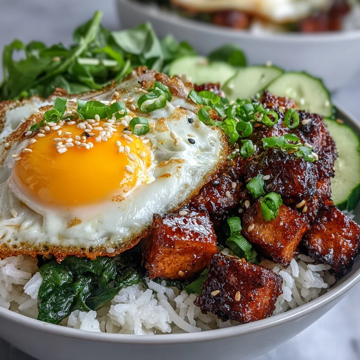 Eine lebendige Tofu Jammy Egg Breakfast Bowl, servierfertig mit aromatischer Sauce.