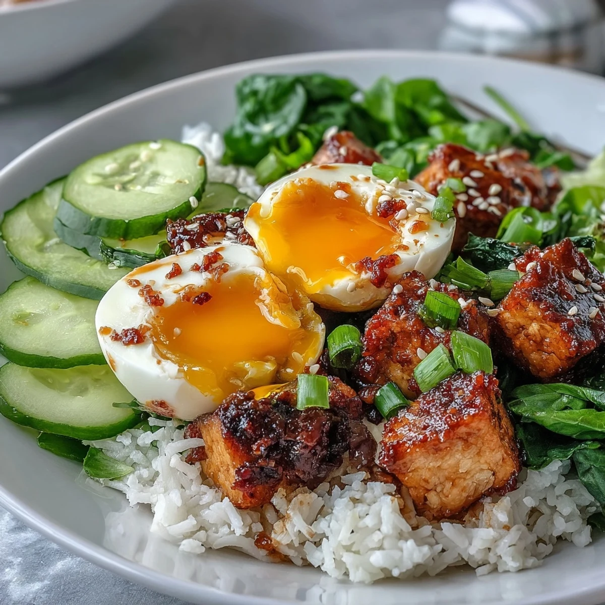 Gesunde Tofu Jammy Egg Breakfast Bowl, garniert mit Sesam und Kräutern.