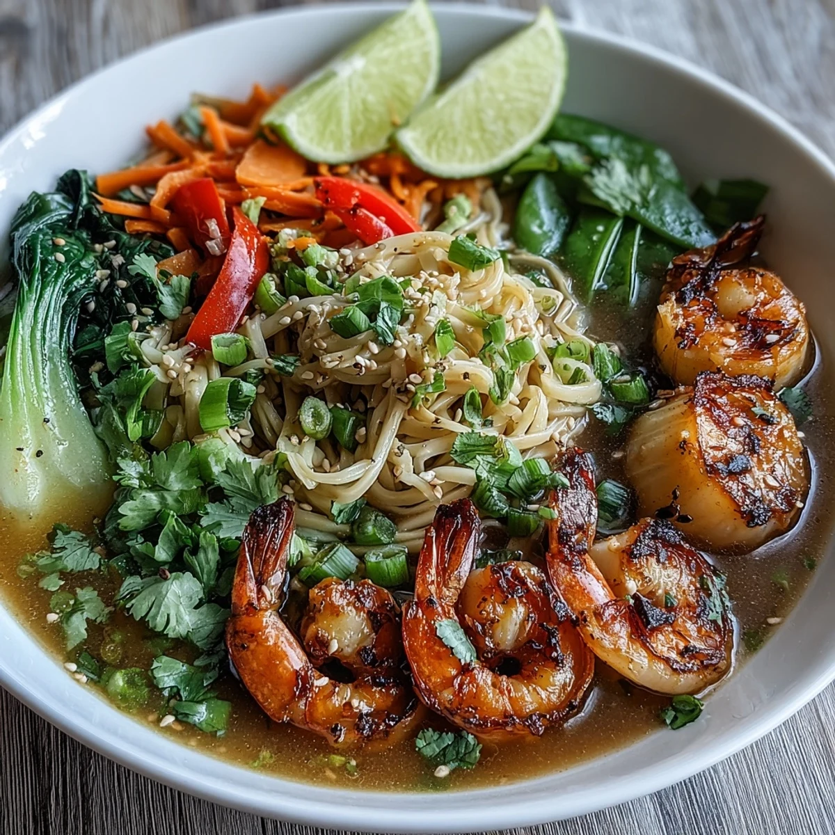 Dieseische Nudelschüssel mit Garnelen und Jakobsmuscheln zeigt zarte Meeresfrüchte auf asiatischem Nudelbett mit bunten Gemüsestücken in aromatischer Brühe.