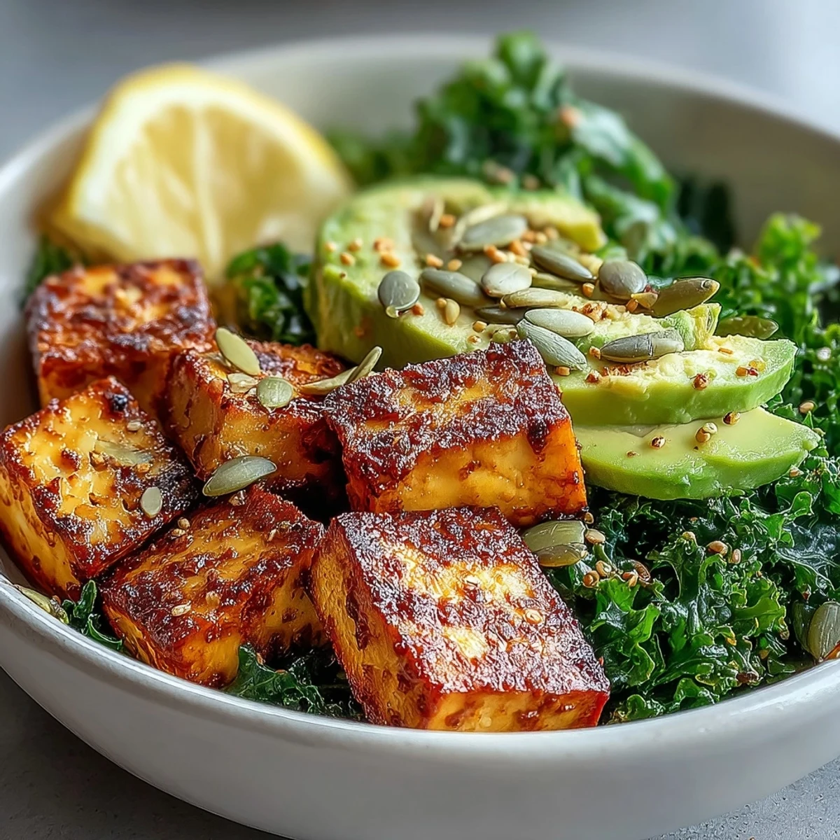 Goldene Tofu-Frühstücks-Bowl mit Avocado und Grünkohl, ein herzhaftes Vegangeschmackserlebnis.