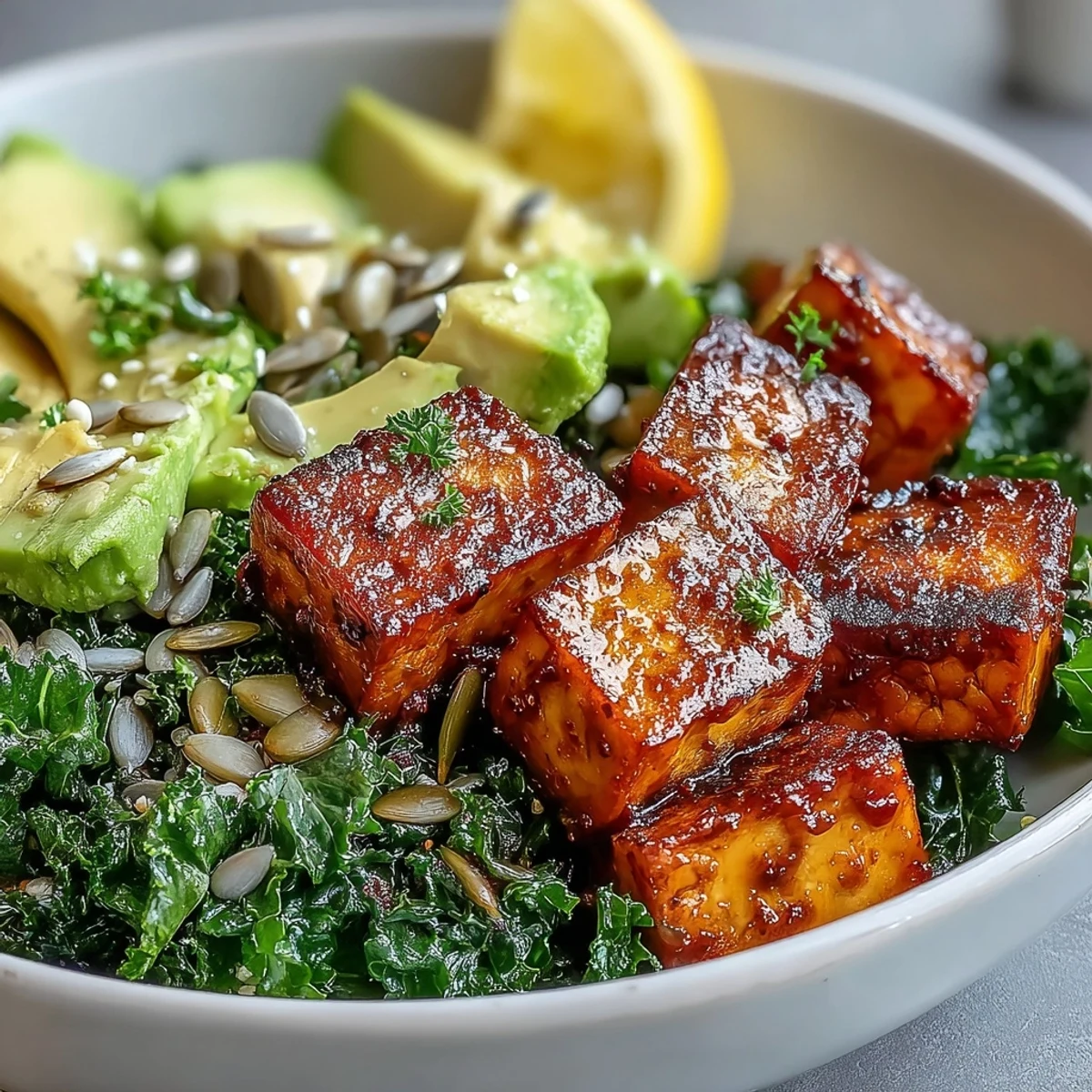 Genießen Sie diese Tofu-Frühstücks-Bowl mit Avocado und Grünkohl zum gesunden Start.