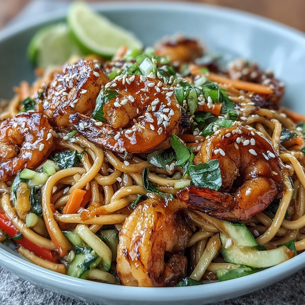 Scharfe asiatische Nudelpfanne mit gegrillten Garnelen, knackigem Gemüse und frischem Koriander.