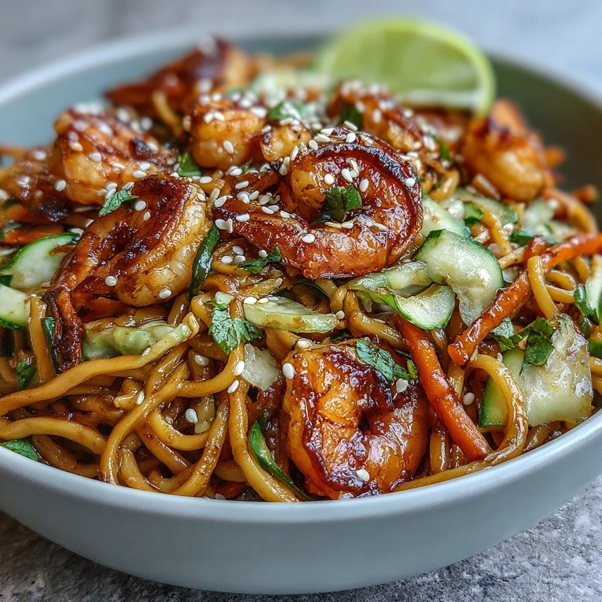 Hausgemachte 15-Minuten-Asia-Nudelpfanne mit gegrilltem Garnelen-Topping und frischen Zutaten serviert.