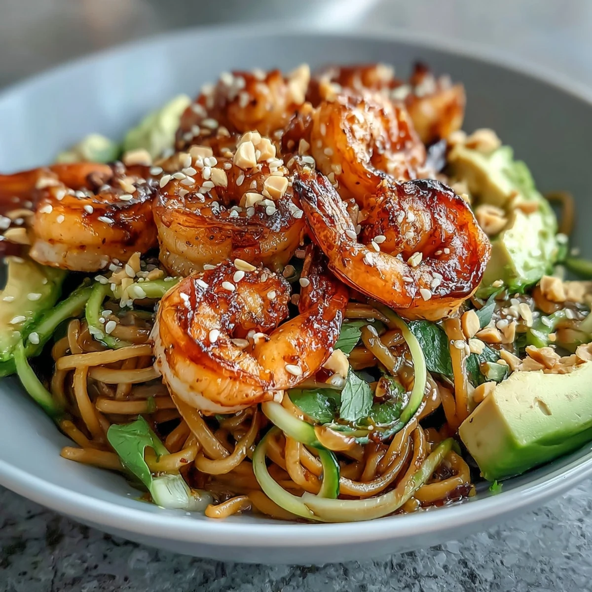 Grilled Shrimp Asian Noodle Bowl mit gegrillten garnelen auf sesam nudeln, toping mit gurke und avocado.  
