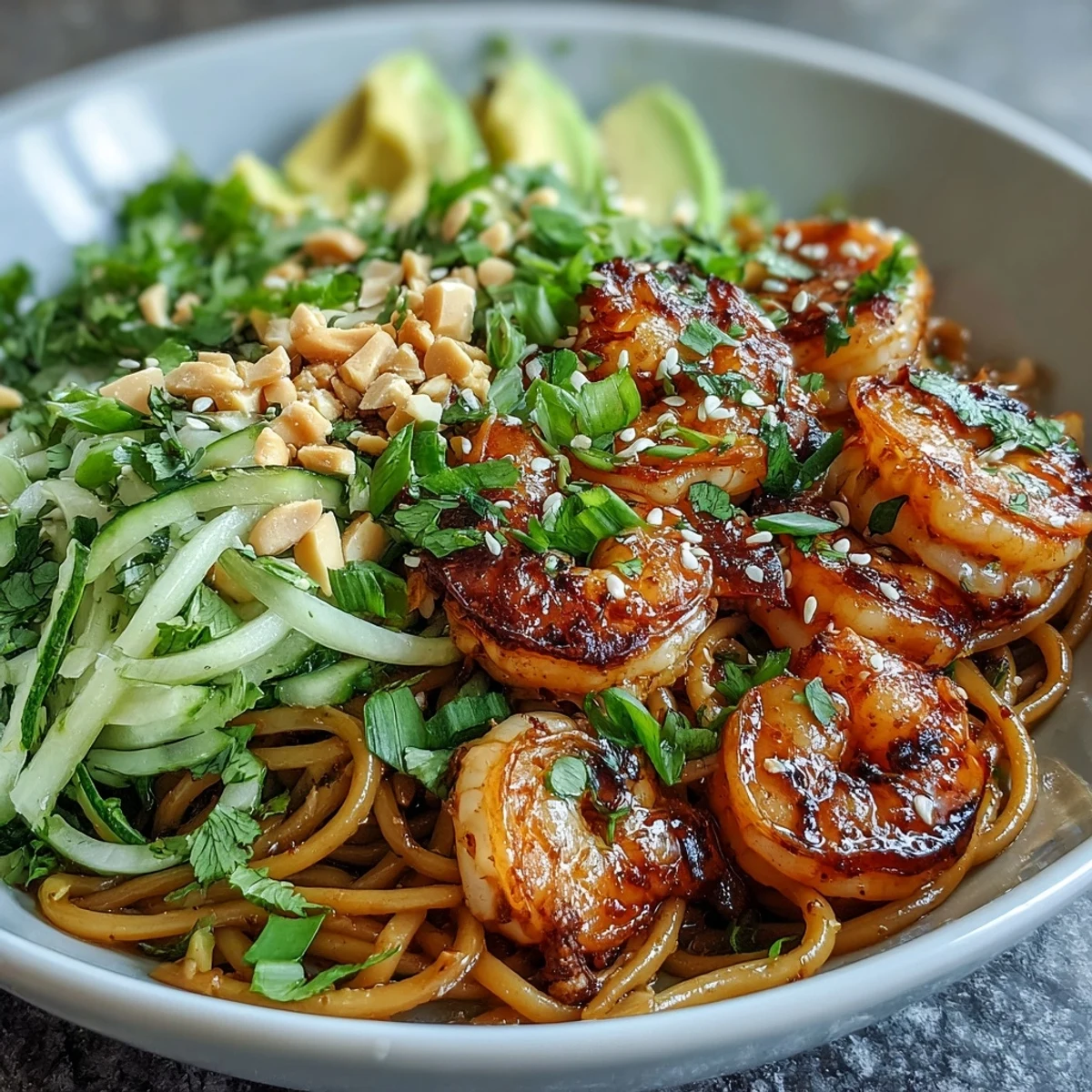 Frischer Grilled Shrimp Asian Noodle Bowl mit knusprigen erdnüssen und cremiger avocado zum abendessen.  