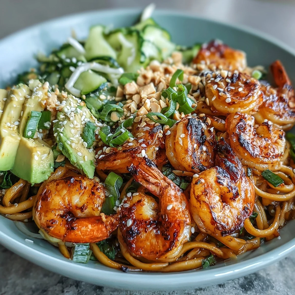Farbenfroher Grilled Shrimp Asian Noodle Bowl mit sesam nudeln, garnelen und knackigem gemüse.