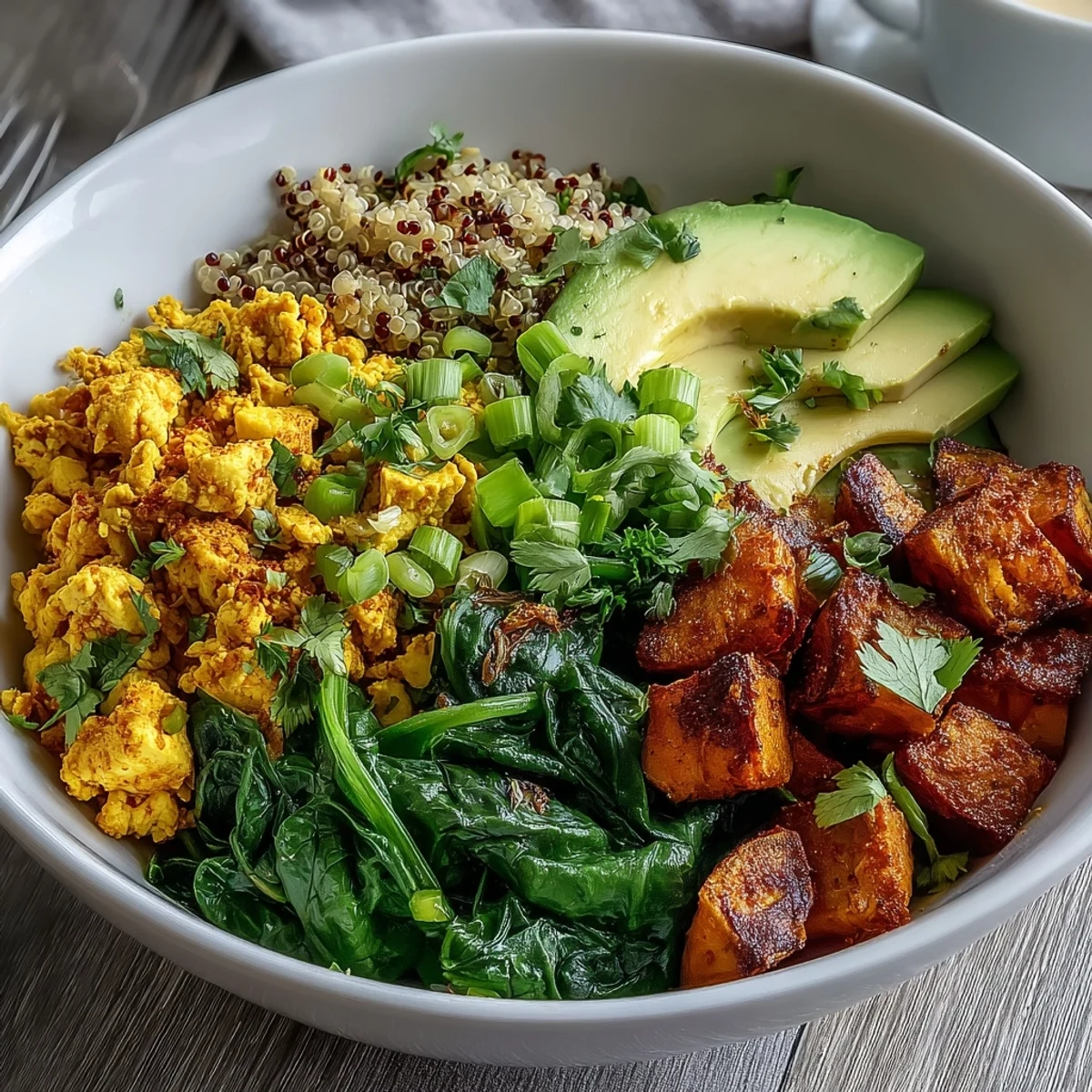 Gesunde Frühstücks-Bowl: Rührei aus Tofu an Röstgemüse und Quinoa.