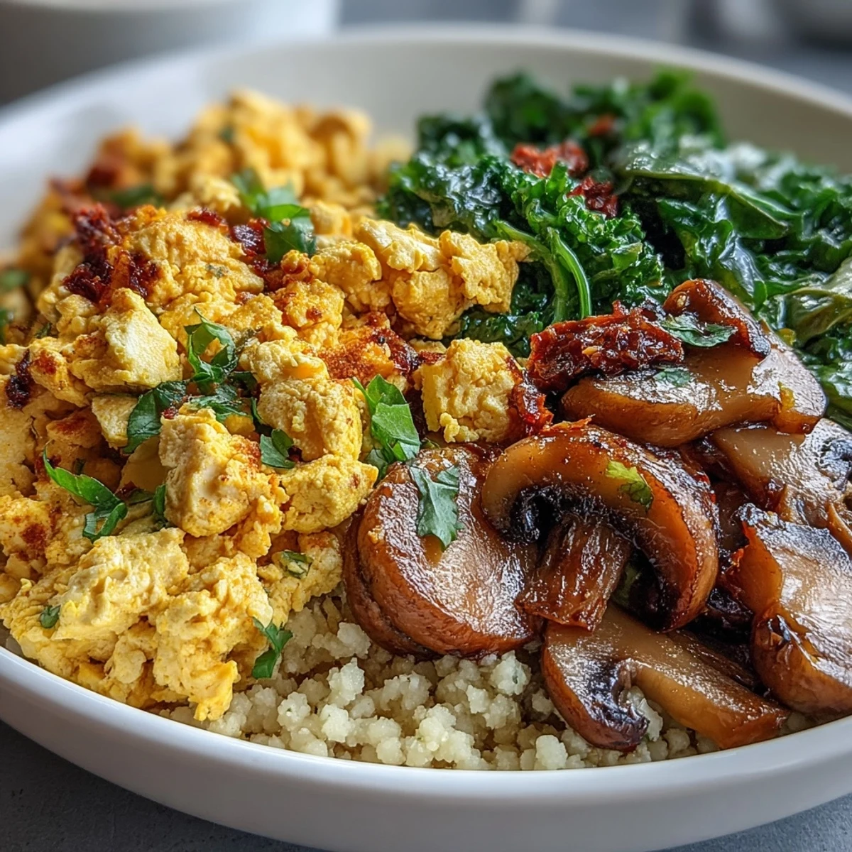 Leckeres Rührei-Tofu-Frühstücks-Bowl mit knackigem Grünkohl und Pilzen.