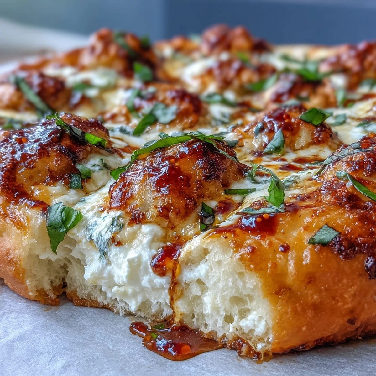 Hot Honey Ricotta Pizza mit bubbelndem Mozzarella und frischem Basilikum garniert