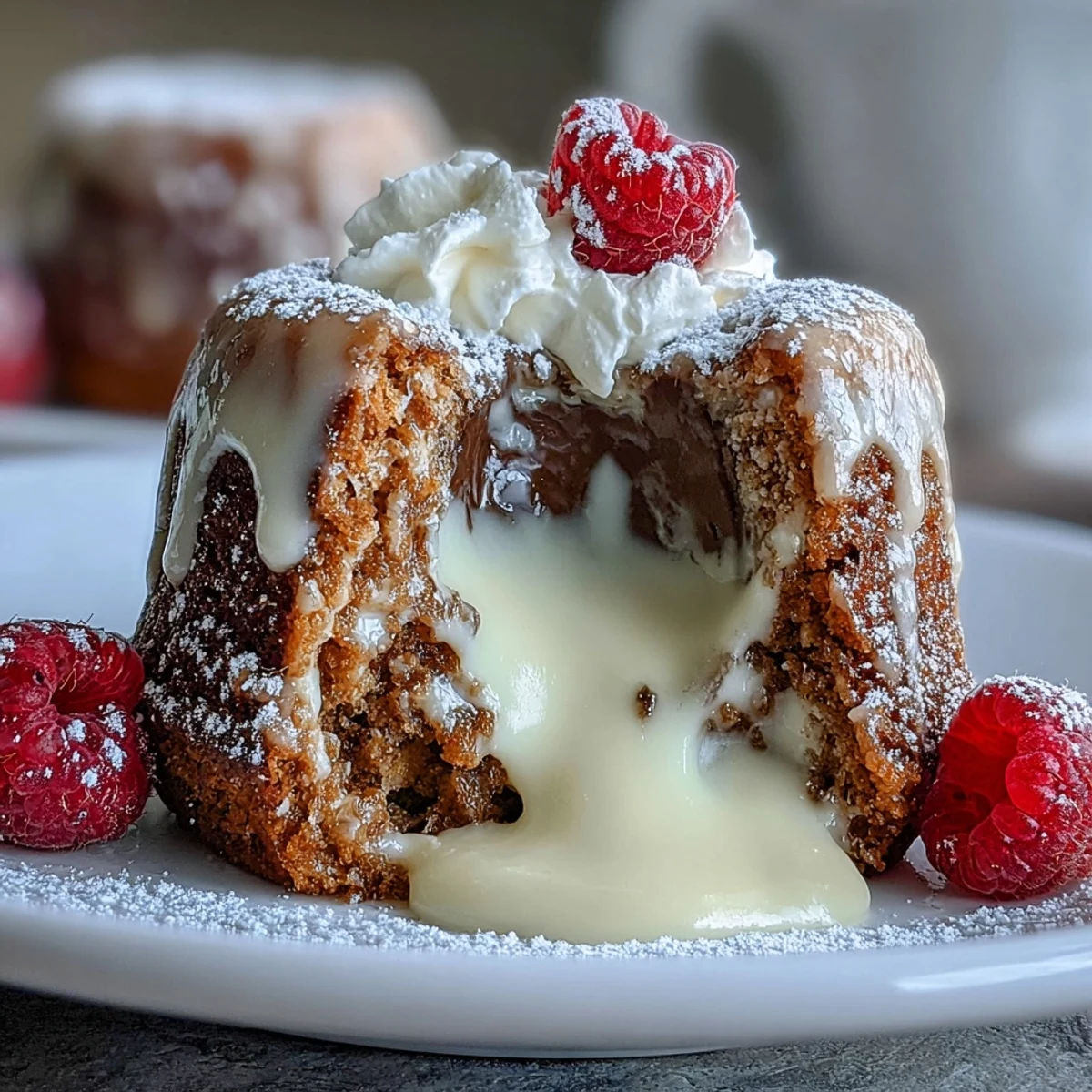 Dusted Hojicha White Chocolate Lava Cake served warm on a white plate, ideal for dinner parties.