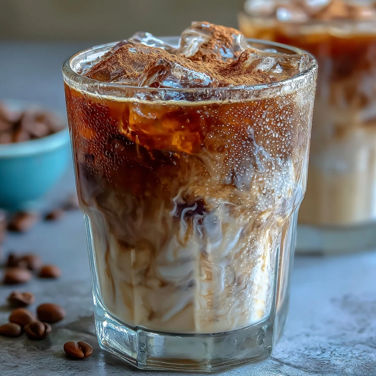 Das erfrischende Getränk zeigt kräftige Brauntöne, Eiswürfel und ein Hauch Zimtpulver auf der Oberfläche.  