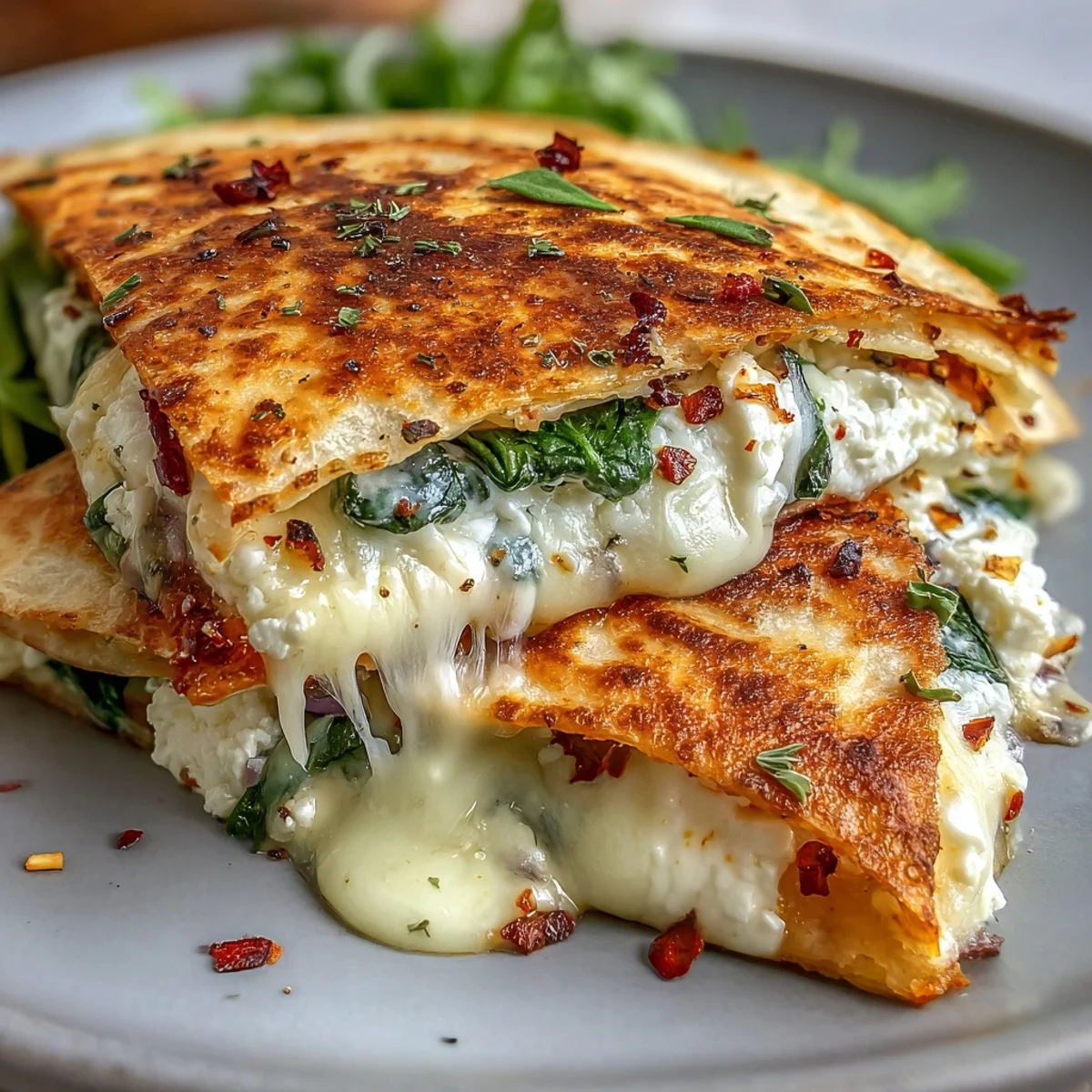 Goldene, knusprige Mediterranean Quesadillas mit Spinat, Feta, Mozzarella und roter Zwiebel auf einem Holzbrett.