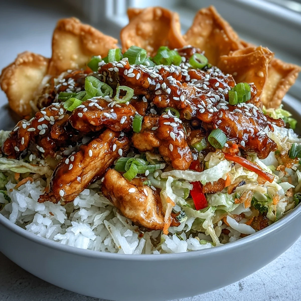 Crispy Baked Egg Roll Chicken Bowls mit würzigem Hähnchen und knackigem Gemüse.
