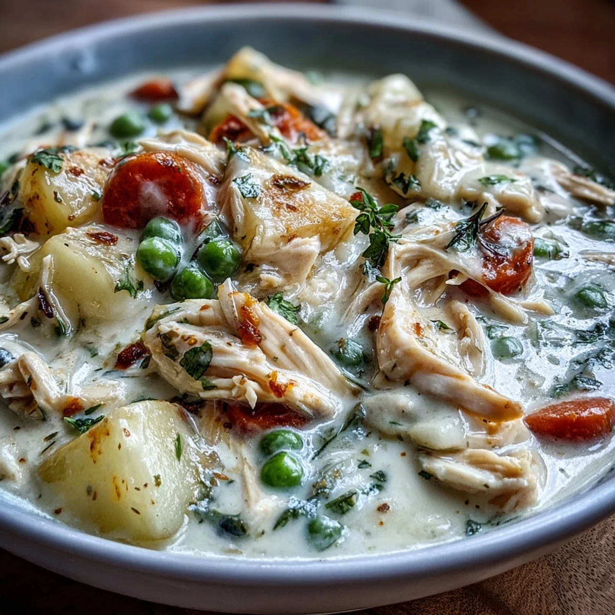 Steaming Creamy Chicken Pot Pie Soup with shredded rotisserie chicken, carrots, and green peas